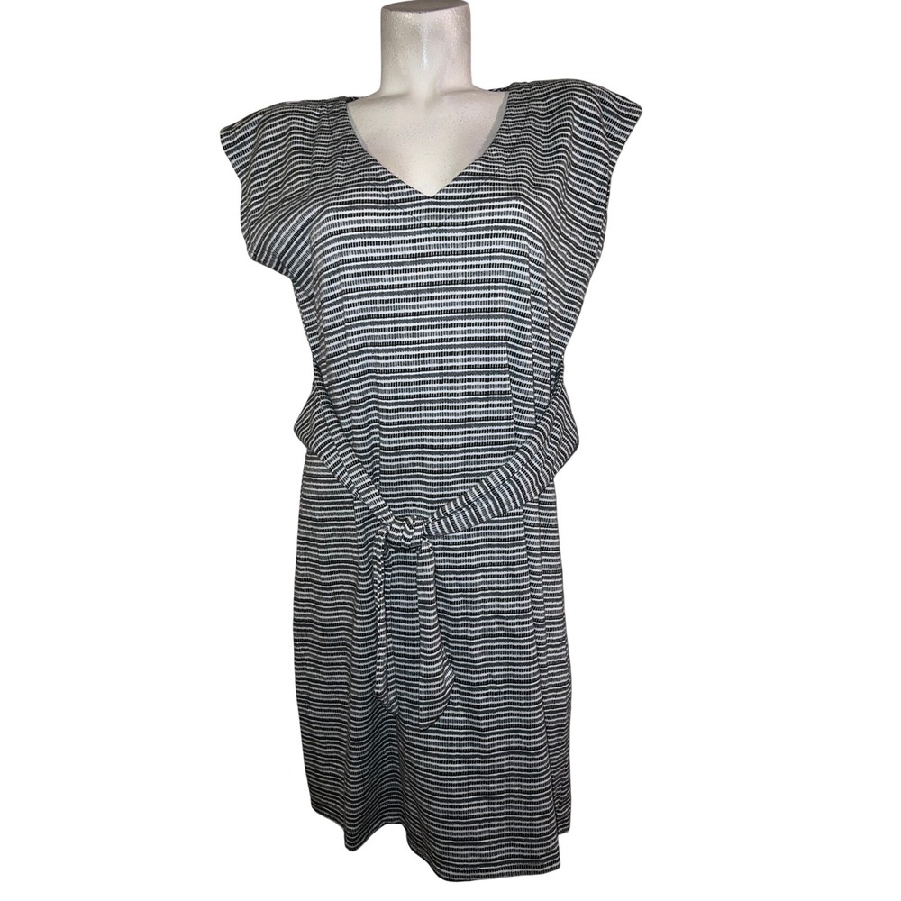 Loft Black White Striped V-Neck Tie Waist Sleeveless Knit Midi Dress Womens XL